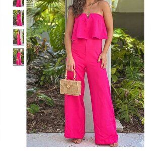 Hot Barbie pink strapless strappy back wide leg jumpsuit